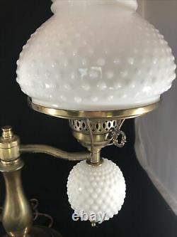 Vintage Double Student 19 Lamp White Milk Glass Hobnail Shades Brass Tone