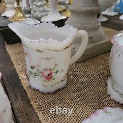 Vintage EAGP Dithridge White Milk Glass Astoria Rose Hand Painted set