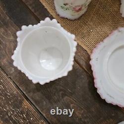 Vintage EAGP Dithridge White Milk Glass Astoria Rose Hand Painted set