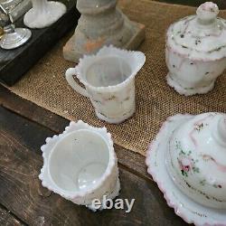 Vintage EAGP Dithridge White Milk Glass Astoria Rose Hand Painted set