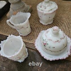 Vintage EAGP Dithridge White Milk Glass Astoria Rose Hand Painted set