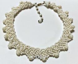 Vintage Early Miriam Haskell Hand Woven White Bead Milk Glass Choker Necklace L1