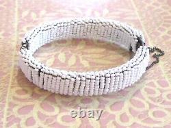 Vintage Early Miriam Haskell White Milk Glass Seed Bead Filigree Bangle Bracelet