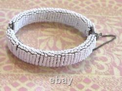 Vintage Early Miriam Haskell White Milk Glass Seed Bead Filigree Bangle Bracelet