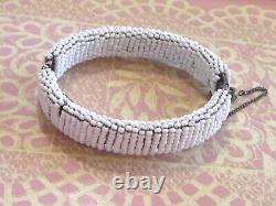 Vintage Early Miriam Haskell White Milk Glass Seed Bead Filigree Bangle Bracelet