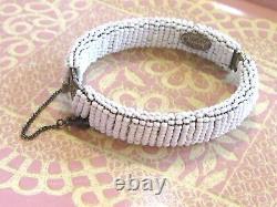 Vintage Early Miriam Haskell White Milk Glass Seed Bead Filigree Bangle Bracelet