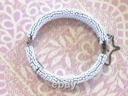 Vintage Early Miriam Haskell White Milk Glass Seed Bead Filigree Bangle Bracelet