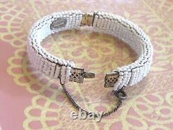 Vintage Early Miriam Haskell White Milk Glass Seed Bead Filigree Bangle Bracelet