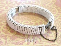 Vintage Early Miriam Haskell White Milk Glass Seed Bead Filigree Bangle Bracelet