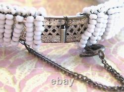 Vintage Early Miriam Haskell White Milk Glass Seed Bead Filigree Bangle Bracelet