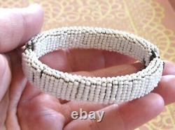 Vintage Early Miriam Haskell White Milk Glass Seed Bead Filigree Bangle Bracelet