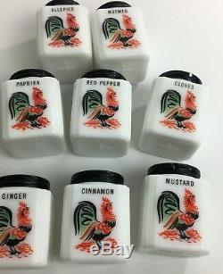 Vintage Eight Piece Spice Set Of White Milk Glass Tipp Rooster Design Shaker