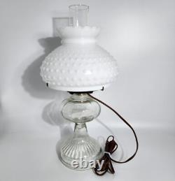Vintage Electric Hobnail Milk Glass & Clear Glass Hurricane Lamp With Brass Acce