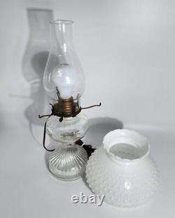 Vintage Electric Hobnail Milk Glass & Clear Glass Hurricane Lamp With Brass Acce