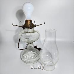 Vintage Electric Hobnail Milk Glass & Clear Glass Hurricane Lamp With Brass Acce