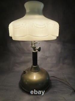 Vintage Electrified Steampunk Brass Tilley Lamp with Heavy Milk Glass Shade