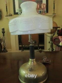 Vintage Electrified Steampunk Brass Tilley Lamp with Heavy Milk Glass Shade