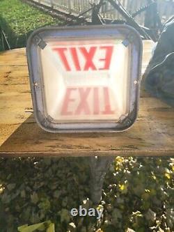 Vintage Exit Sign Lamp Wedge V White Milk Glass Commercial Industry Red letters