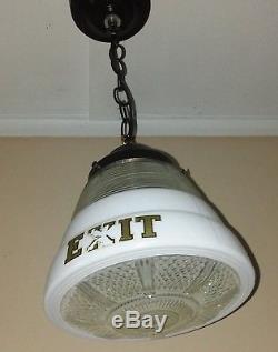 Vintage Exit Sign Pendant Light White Milk Glass and Prismatic Glass 1940s