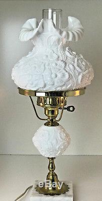 Vintage FENTON 20 Milk Glass Hurricane Table Lamp Marble Base Raised Poppy