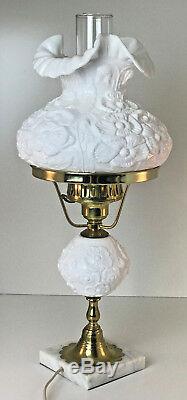Vintage FENTON 20 Milk Glass Hurricane Table Lamp Marble Base Raised Poppy