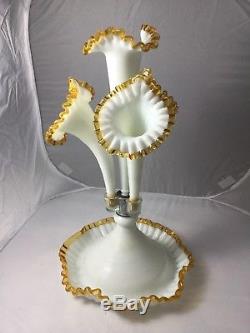 Vintage FENTON 4 Horn Tall 18 Milk Glass Gold Crest Epergne
