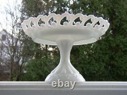 Vintage FENTON MILK GLASS Backward C Lacy PEDESTAL CAKE STAND Plate Compote Dish