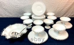Vintage FENTON Silver Crest Milk Glass Ruffled Fruit Compote Dessert Set Rare