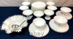 Vintage FENTON Silver Crest Milk Glass Ruffled Fruit Compote Dessert Set Rare