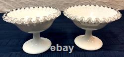 Vintage FENTON Silver Crest Milk Glass Ruffled Fruit Compote Dessert Set Rare