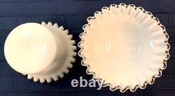 Vintage FENTON Silver Crest Milk Glass Ruffled Fruit Compote Dessert Set Rare