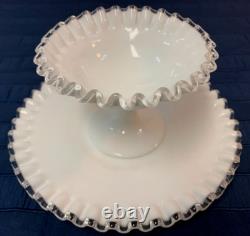 Vintage FENTON Silver Crest Milk Glass Ruffled Fruit Compote Dessert Set Rare
