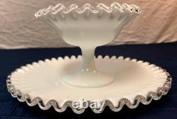 Vintage FENTON Silver Crest Milk Glass Ruffled Fruit Compote Dessert Set Rare