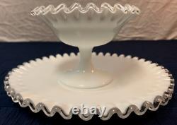 Vintage FENTON Silver Crest Milk Glass Ruffled Fruit Compote Dessert Set Rare