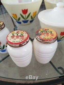 Vintage FIRE KING TULIP Oven Ware Mixing Bowls Salt and Pepper Shakers LOT