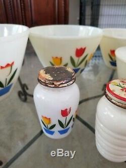 Vintage FIRE KING TULIP Oven Ware Mixing Bowls Salt and Pepper Shakers LOT