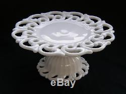 Vintage FOSTORIA Lace Milk Glass Scroll Pattern PEDESTAL CAKE STAND Plate MONROE