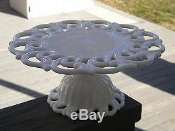 Vintage FOSTORIA Lace Milk Glass Scroll Pattern PEDESTAL CAKE STAND Plate MONROE