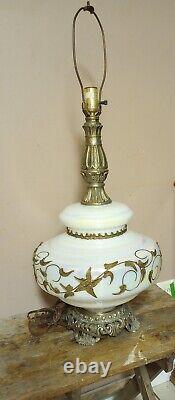 Vintage Falkenstein Pearl Milk Glass Lamp withBrass Base/Neck and Leaf Overlay