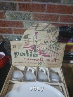 Vintage Federal Milk Glass Patio 8 Pc. Snack Set Atomic Plower Pot Leaf M I B