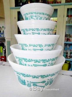 Vintage Federal Milk Glass Turquoise Antique Kitchen Aids Mixing Bowls Set of 5