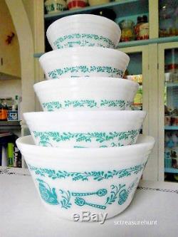 Vintage Federal Milk Glass Turquoise Antique Kitchen Aids Mixing Bowls Set of 5