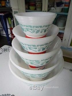 Vintage Federal Milk Glass Turquoise Antique Kitchen Aids Mixing Bowls Set of 5