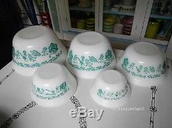 Vintage Federal Milk Glass Turquoise Antique Kitchen Aids Mixing Bowls Set of 5