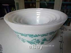 Vintage Federal Milk Glass Turquoise Antique Kitchen Aids Mixing Bowls Set of 5