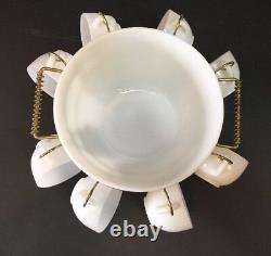 Vintage Federal White Milk Glass Egg Nog Punch Bowl & 8 Mugs Brass Rack Stand