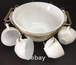 Vintage Federal White Milk Glass Egg Nog Punch Bowl & 8 Mugs Brass Rack Stand