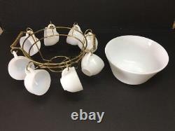 Vintage Federal White Milk Glass Egg Nog Punch Bowl & 8 Mugs Brass Rack Stand