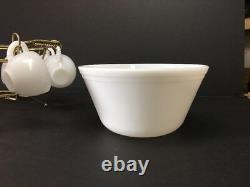 Vintage Federal White Milk Glass Egg Nog Punch Bowl & 8 Mugs Brass Rack Stand