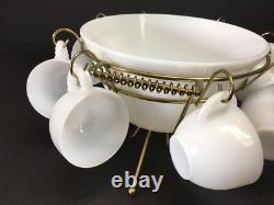 Vintage Federal White Milk Glass Egg Nog Punch Bowl & 8 Mugs Brass Rack Stand